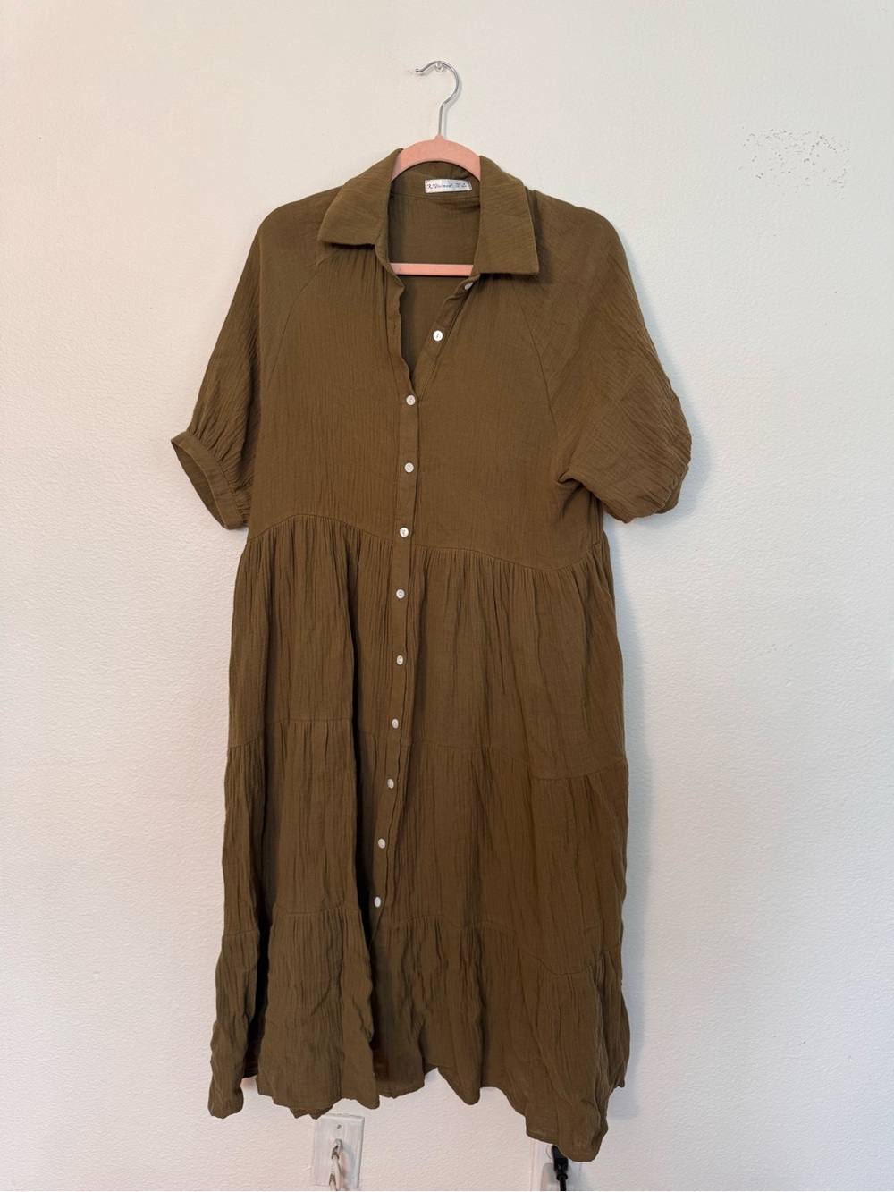 Relaxed Olive Midi Shirt Dress with Tiered Skirt